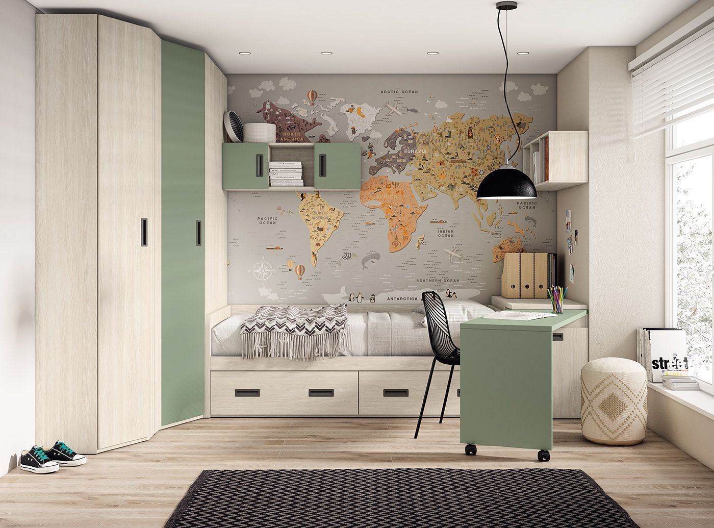 Un dormitorio con una cama y un escritorio con un mapa del mundo en la pared.