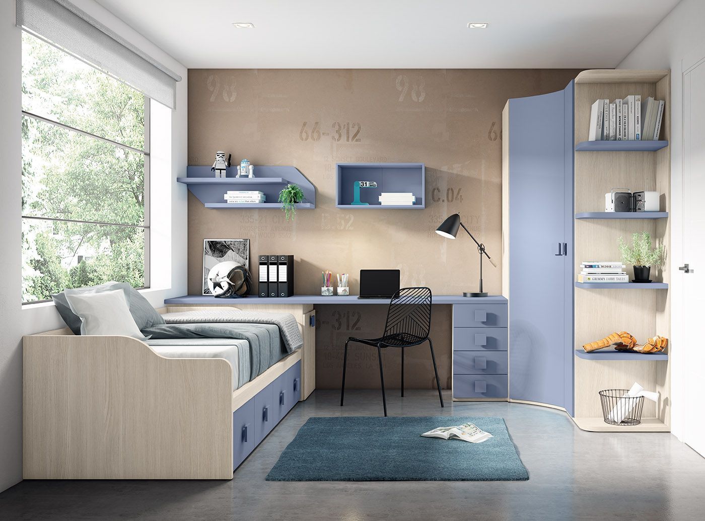 Un dormitorio con una cama, un escritorio, estanterías y una ventana.