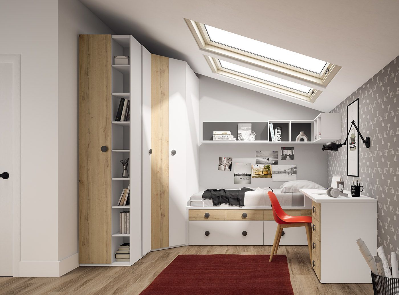 Un dormitorio con una cama, un escritorio, estanterías y un tragaluz.