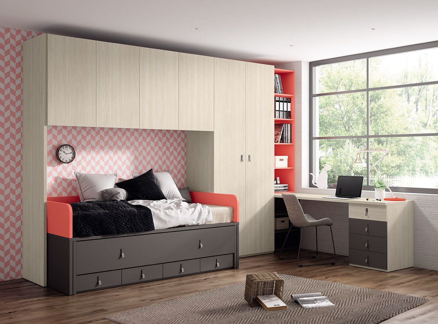 Un dormitorio con una cama, un escritorio, estanterías y un reloj en la pared.