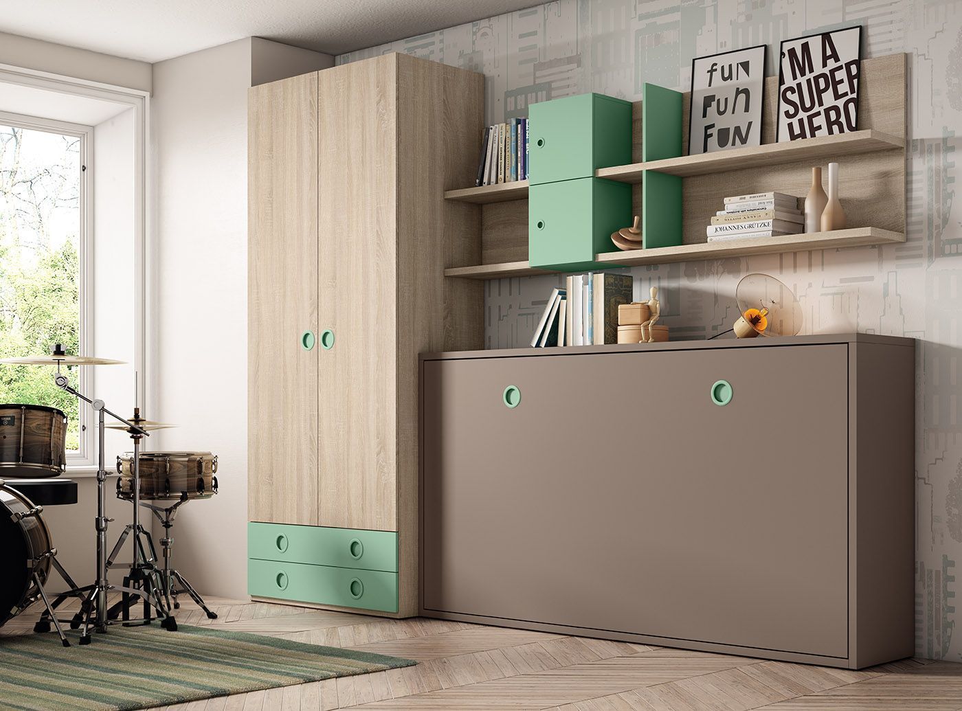 Un dormitorio con una batería, una cama, un armario y una batería.