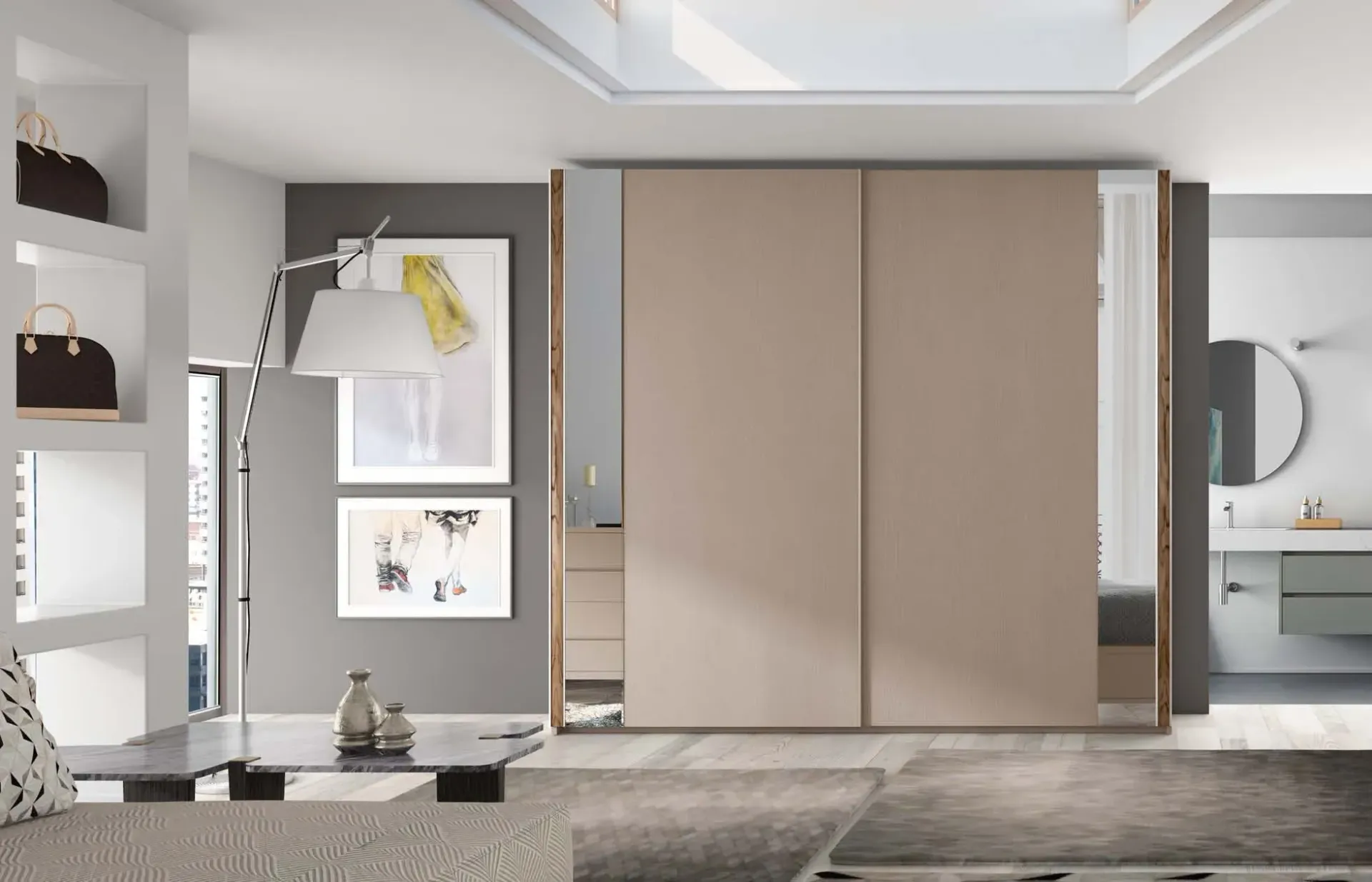 Una sala de estar con un gran armario y un sofá.