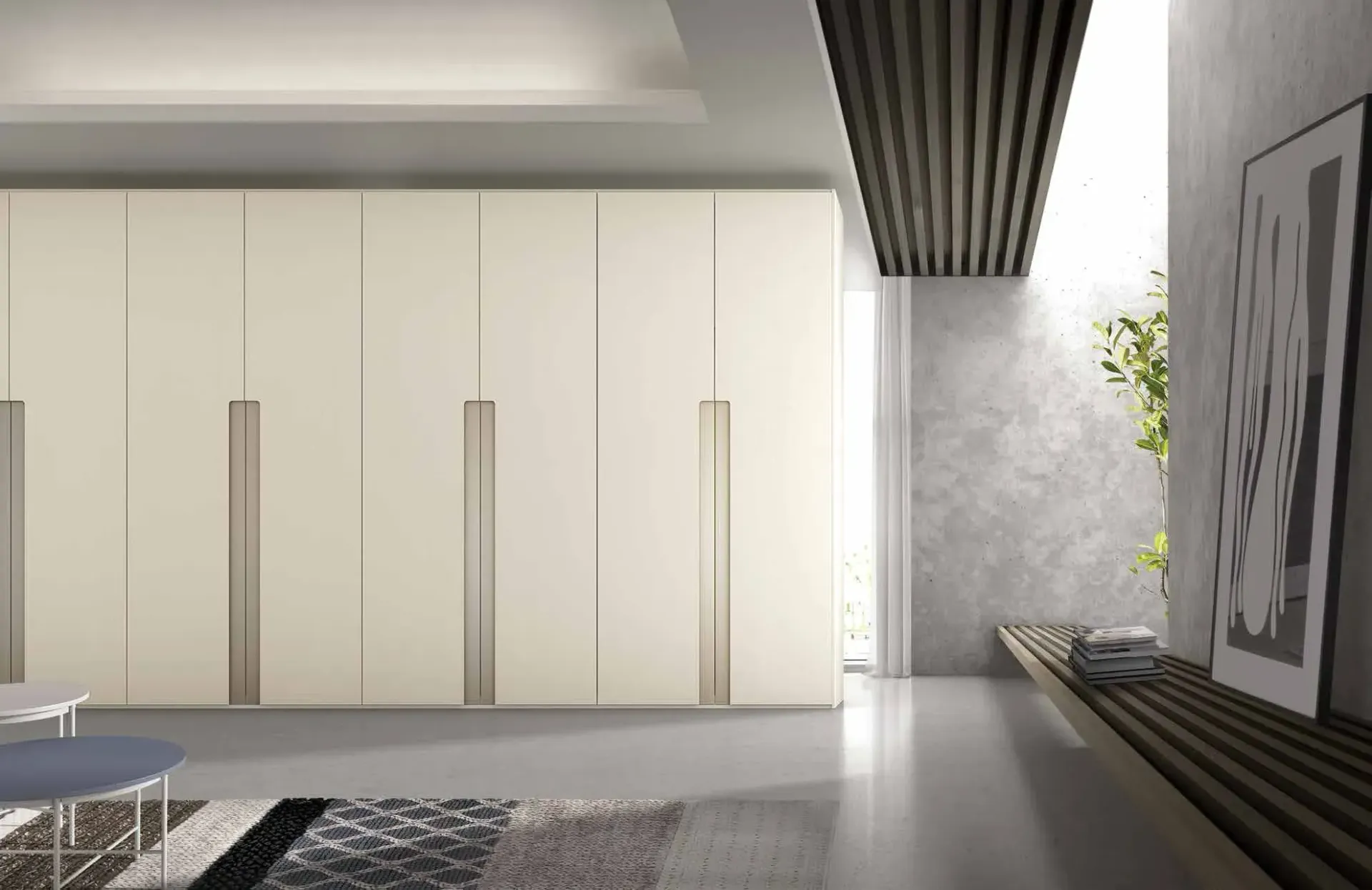 Una sala de estar con un gran armario y un banco.