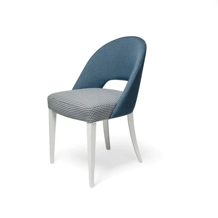 Una silla azul con patas blancas sobre un fondo blanco.