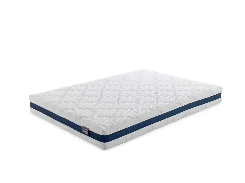 Un colchón blanco con un borde azul sobre un fondo blanco.
