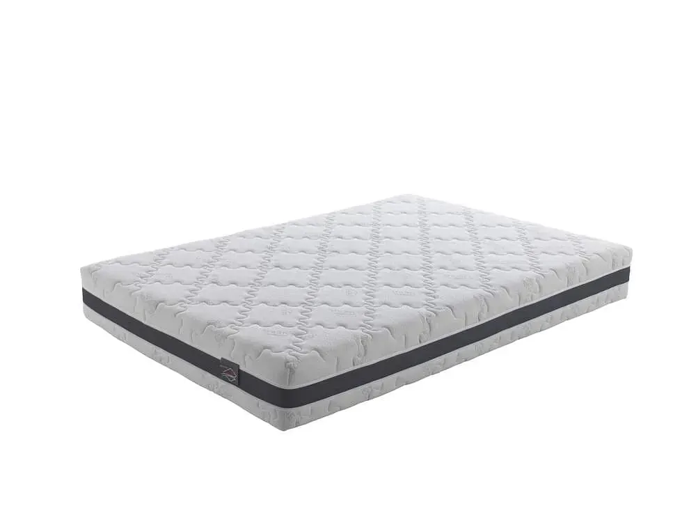 Un colchón blanco con un borde negro sobre un fondo blanco.