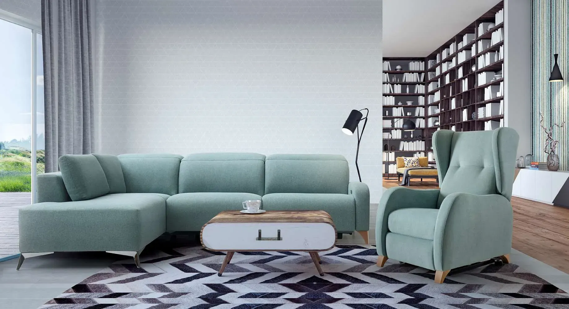 Una sala de estar con un sofá, una silla, una mesa de café y una alfombra.