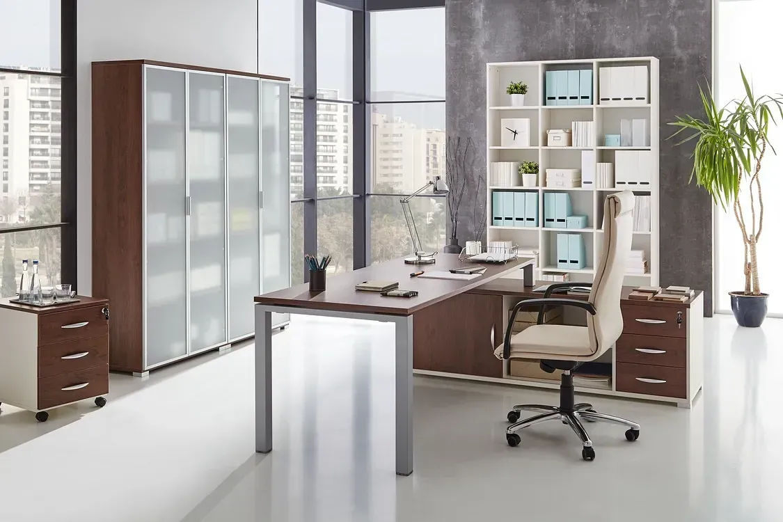 Una oficina con escritorio, silla, armarios y estantes.