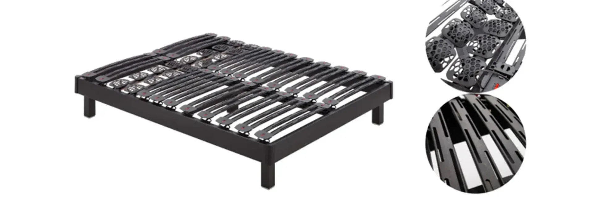 Un marco de cama con un colchón encima sobre un fondo blanco.