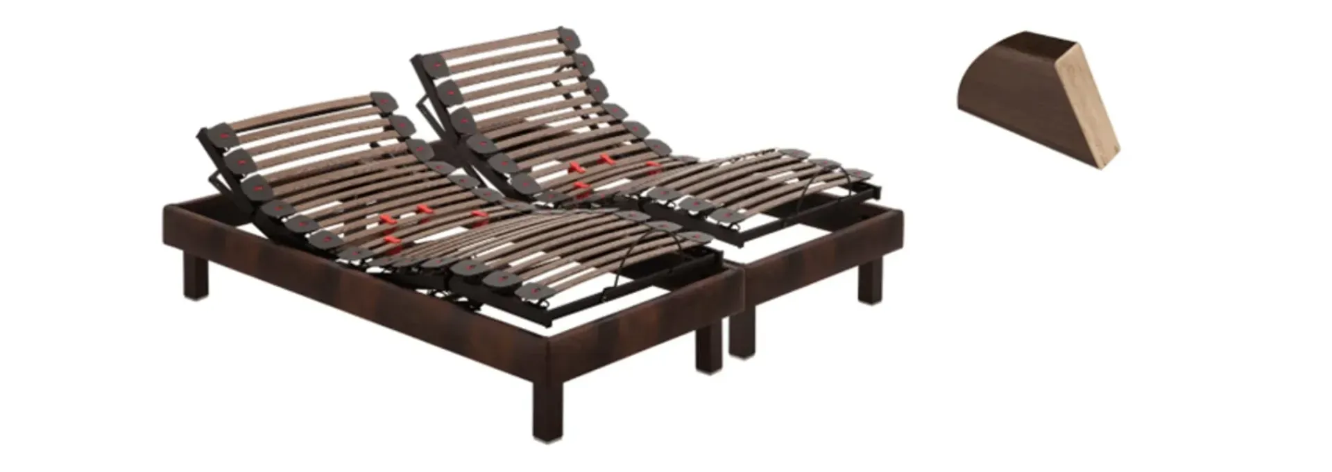 Un marco de cama ajustable con un trozo de madera al lado.