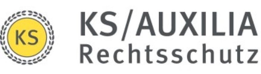 Logo für KS/AUXILIA Rechtsschutz mit einem kreisförmigen gelben Emblem und Text.