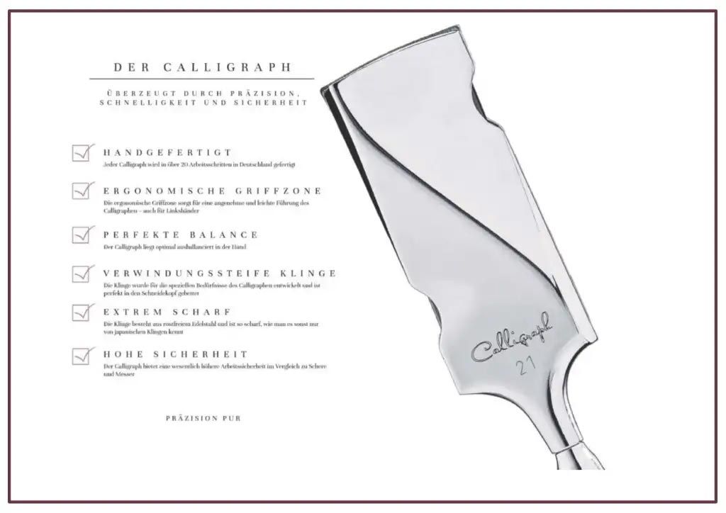 Ein Rasierapparat aus rostfreiem Stahl mit dem Wort „Calligraphie“ darauf