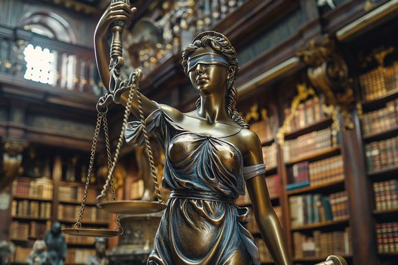 Une statue de balance de justice dans une bibliothèque