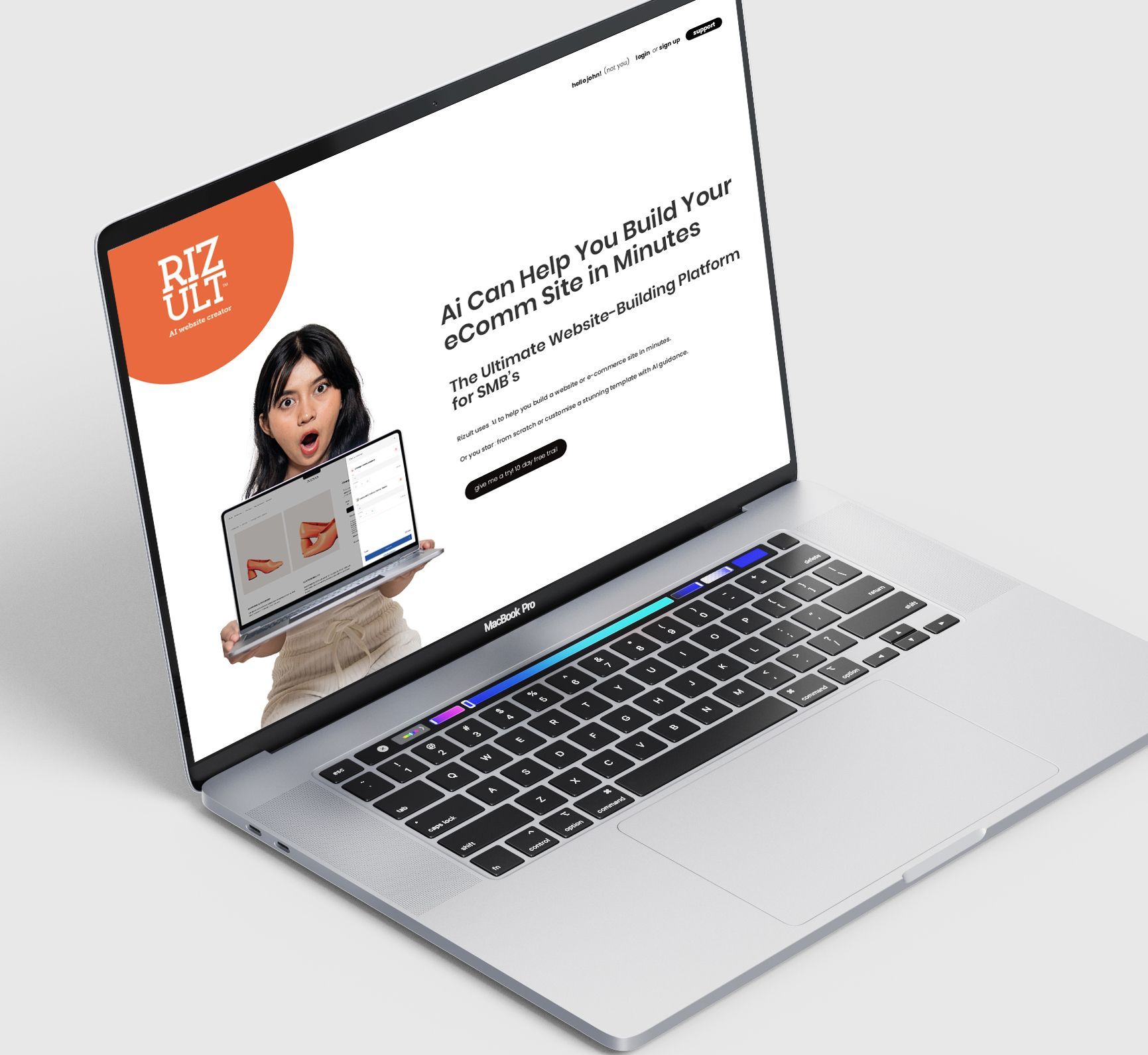 A laptop displays a website for 