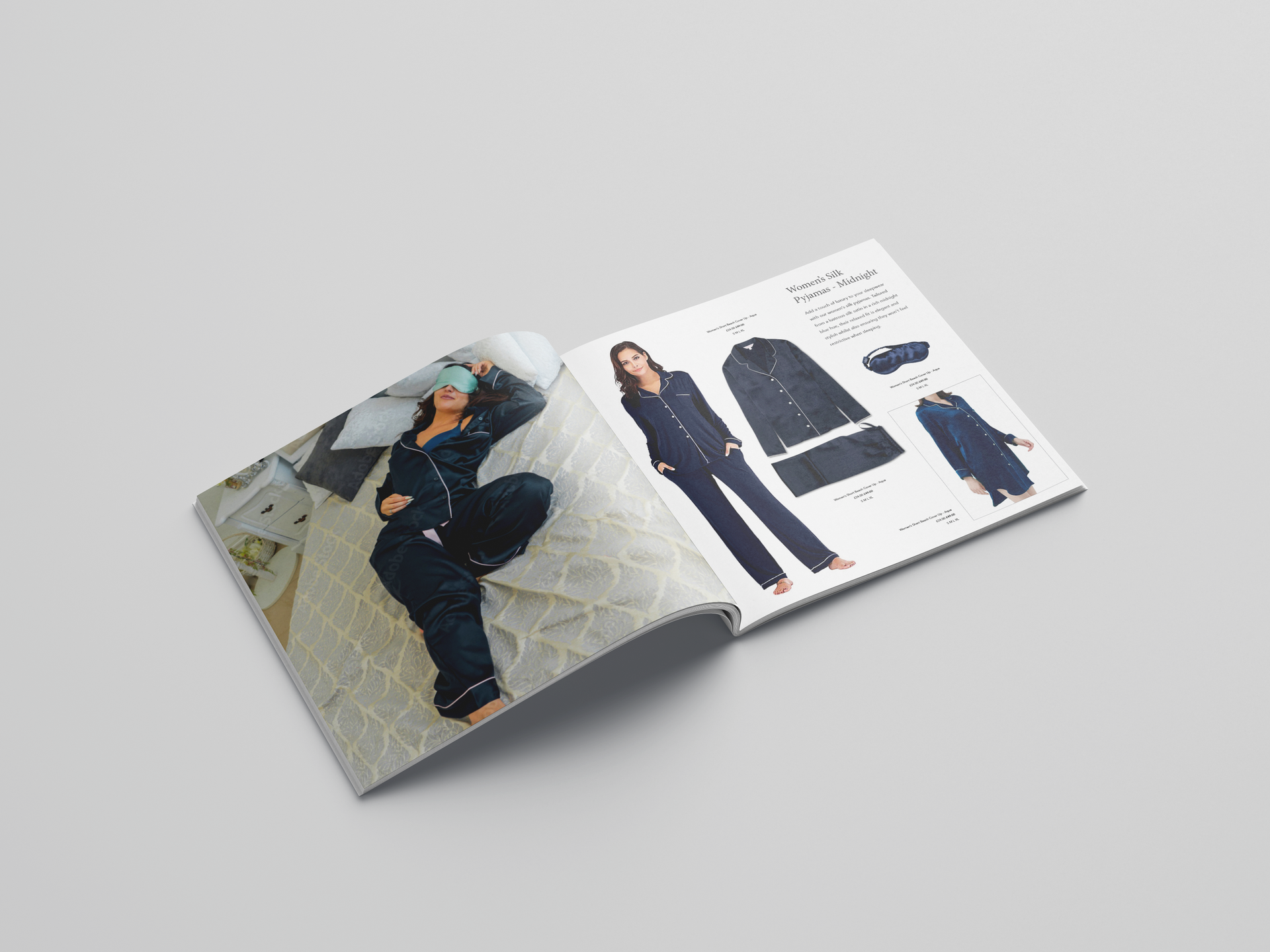 Open product catalog showing dark blue pajama sets for sale, with a person modeling the clothing on the left page.