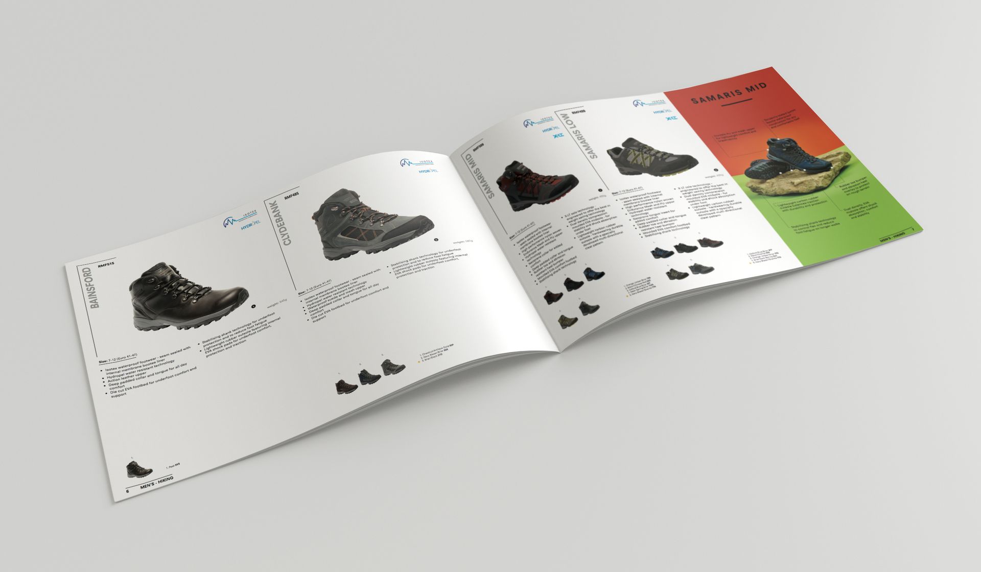 An open catalog showing various black hiking boots with product descriptions, set against a plain gray background.