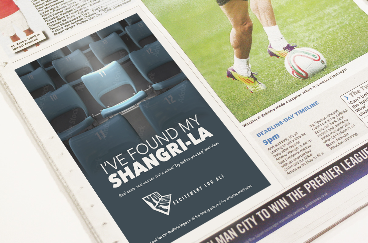 A newspaper advertisement features an image of a single blue stadium seat among dark grey ones, with the text 