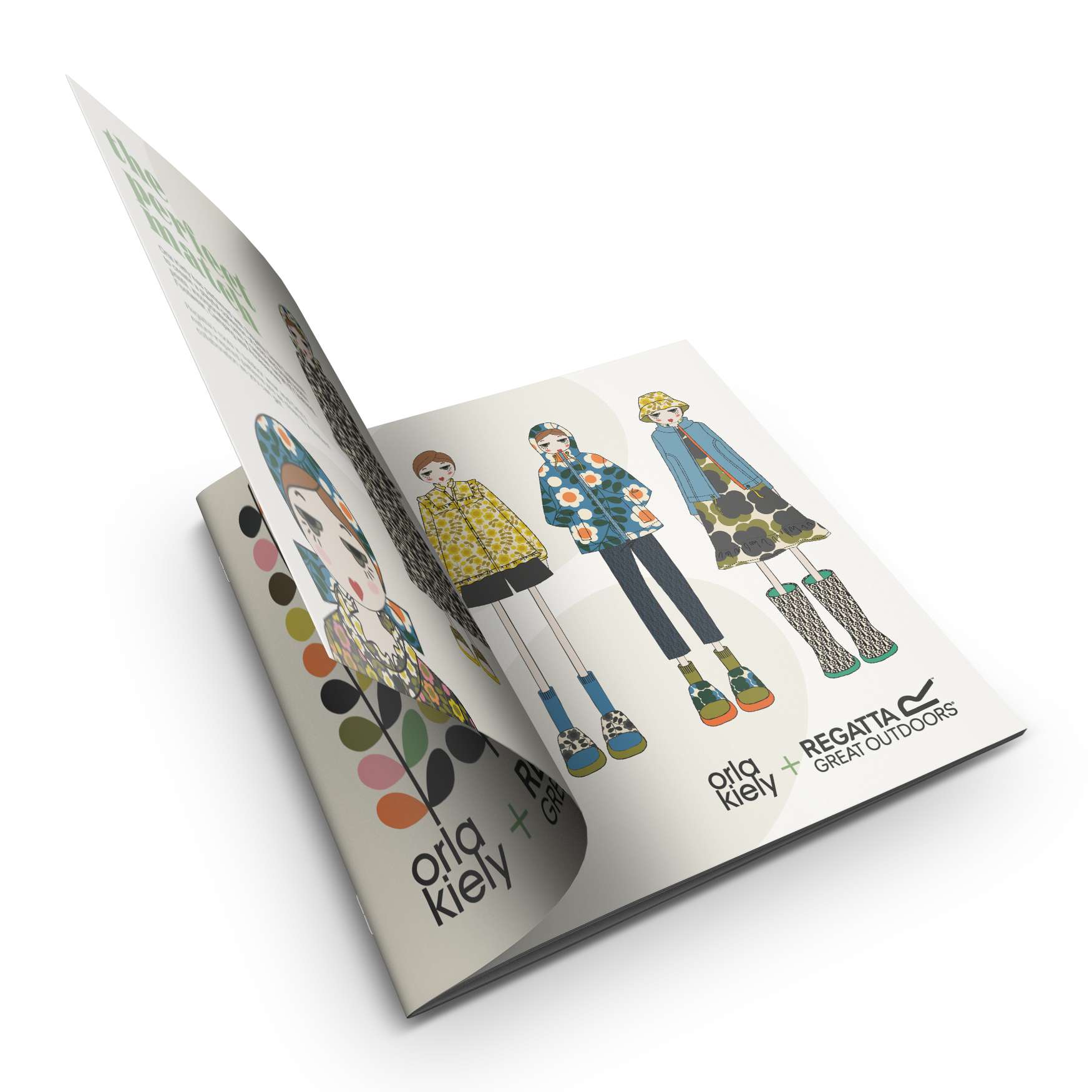A marketing booklet open to a page showing illustrations of three stylized outfits by Orla Kiely for Regatta.