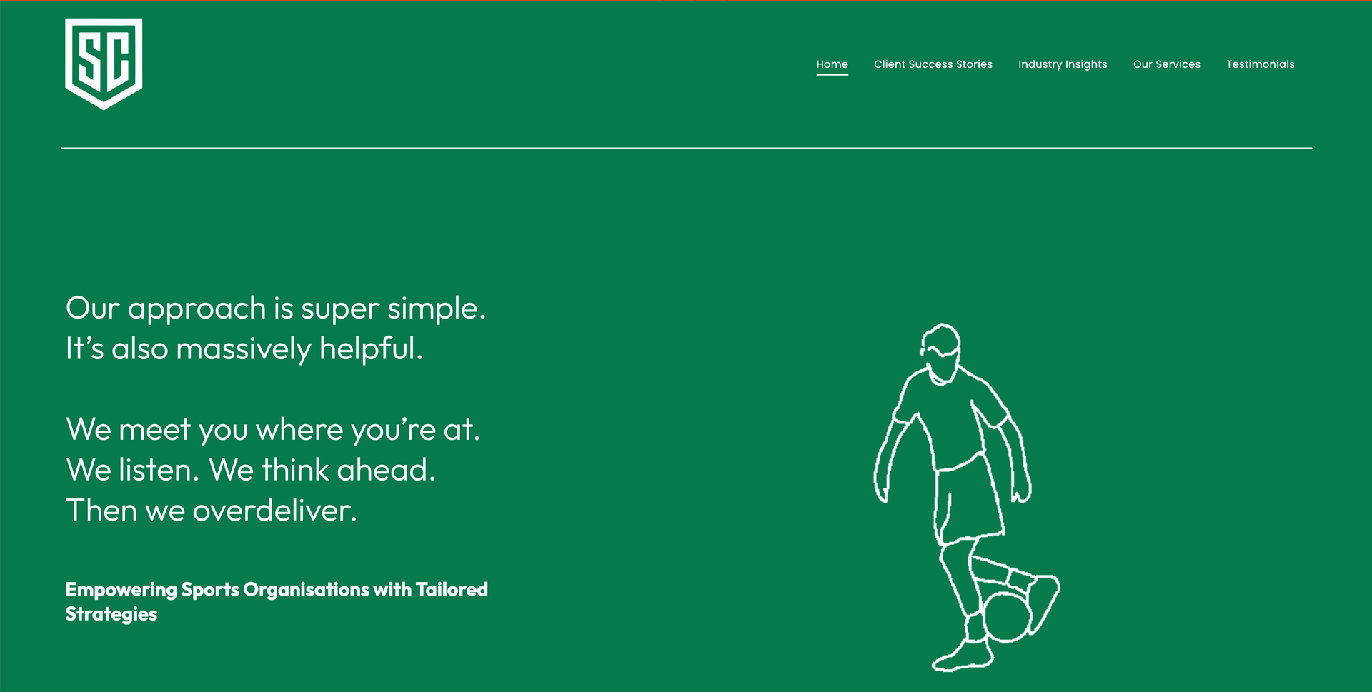 Green website banner featuring a white line drawing of a person juggling a soccer ball and text about sports coaching.