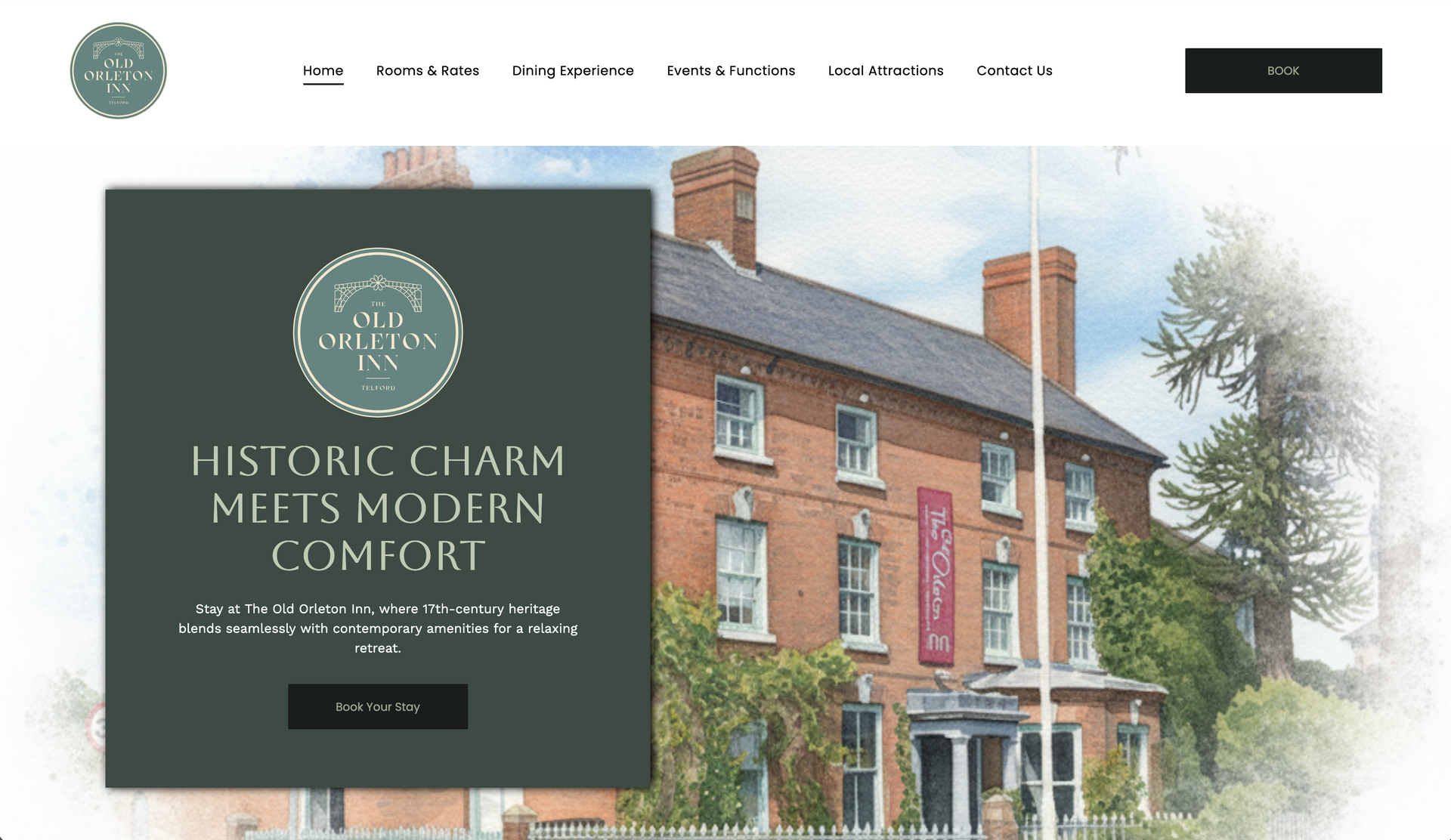 A brick building with the Old Hall Inn logo, text about historic charm and modern comfort, and a booking button.