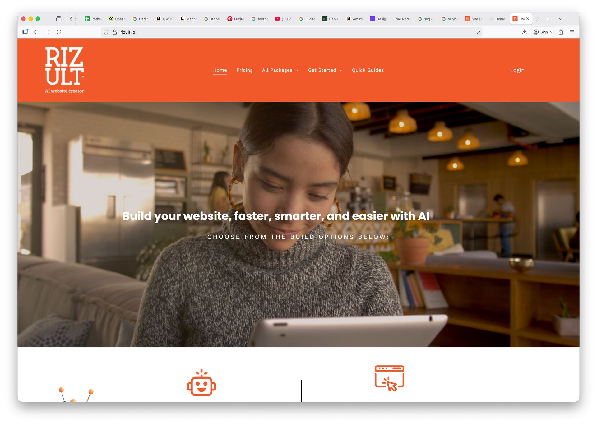 Website hero section for RIZULT featuring a person focused on a tablet in a warm, modern, office-like setting.