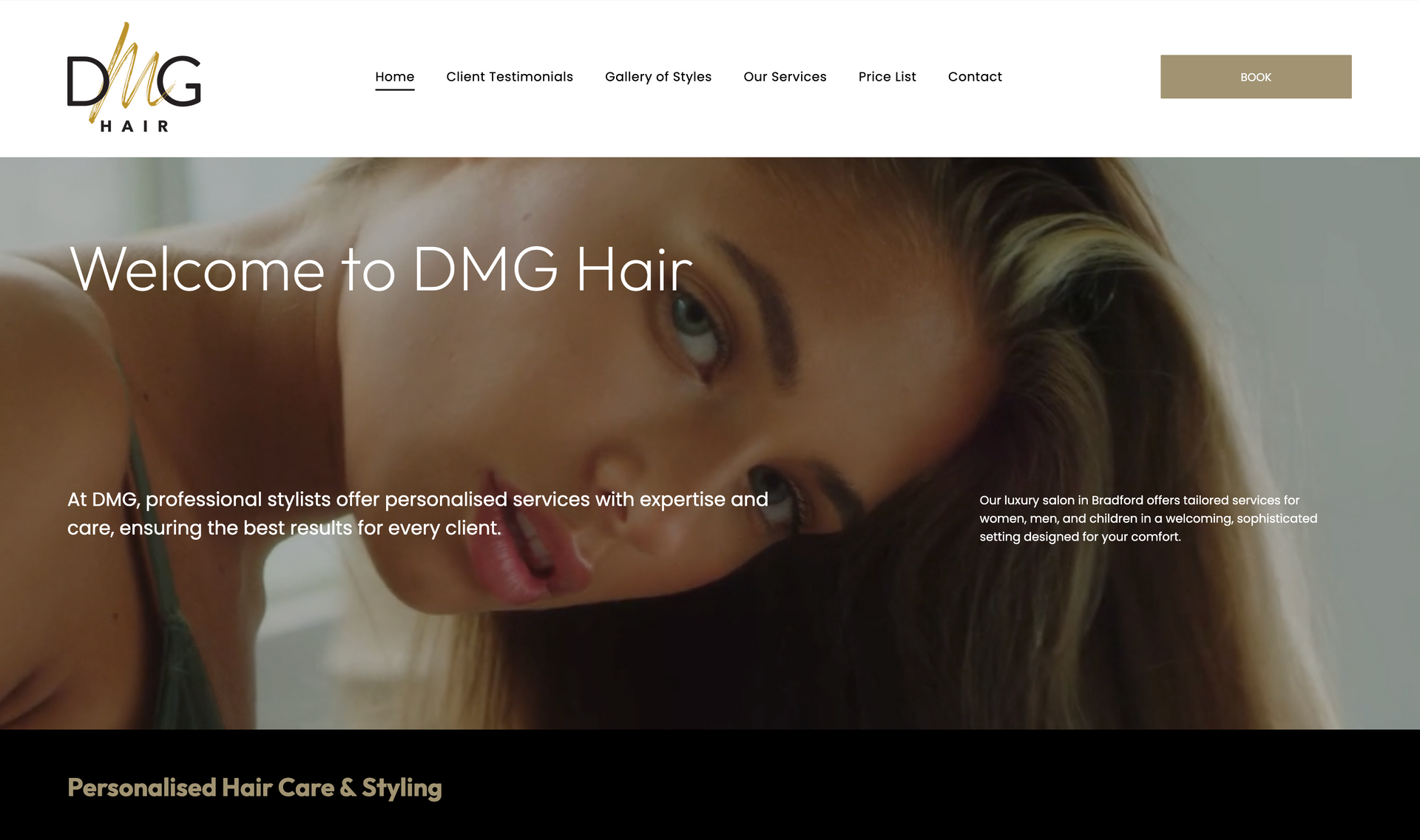 DMG Hair website banner featuring a close-up of a person with long, wavy hair and overlay text reading 
