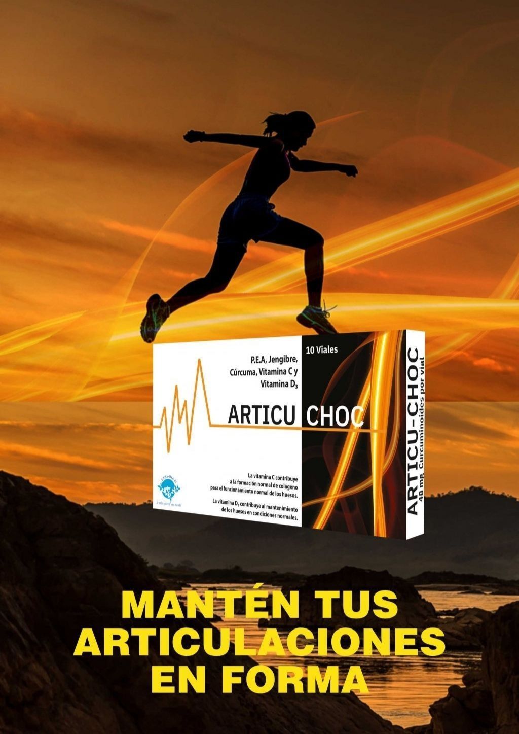 Una mujer está saltando sobre una caja de chocolate Articu.