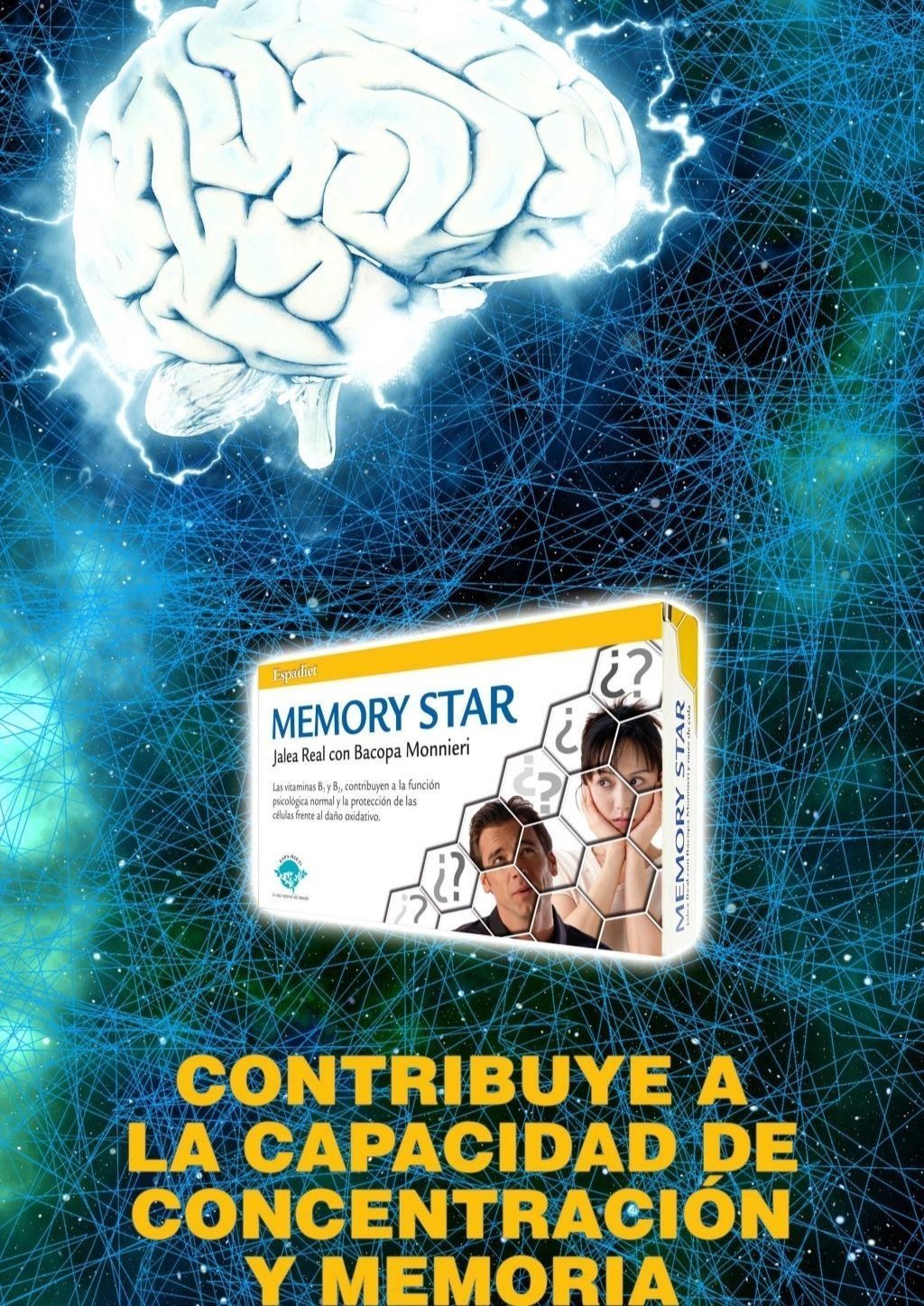 Una imagen de un cerebro y una caja de pastillas Memory Star.