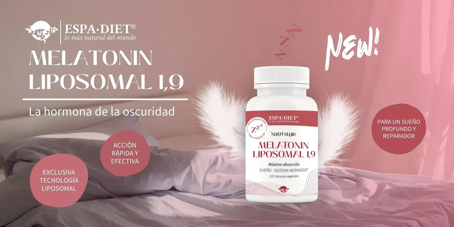 Una botella de melatonina liposomal 1.9 está encima de una cama.