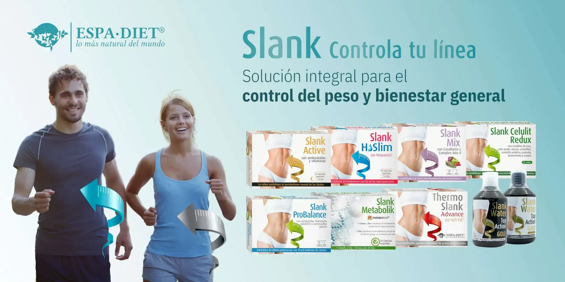 Un hombre y una mujer están parados uno al lado del otro frente a un cartel que dice 'slank controla tu linea'