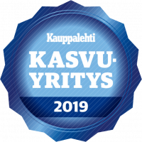 Kauppalehti Kasvu-yritys 2019 award badge in blue and white