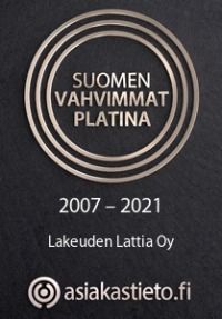 Suomen Vahvimmat Platina 2007–2021, Lakeuden Lattia Oy -tunnus ja asiakastieto.fi-logo mustalla taustalla