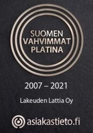 Suomen Vahvimmat Platina 2007–2021, Lakeuden Lattia Oy -tunnus ja asiakastieto.fi-logo mustalla taustalla