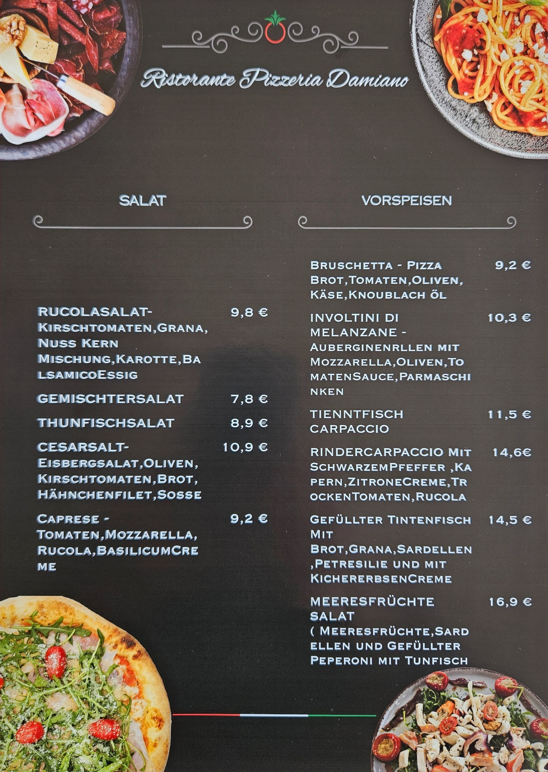 Speisekarte des Ristorante Pizzeria Pension Damiano