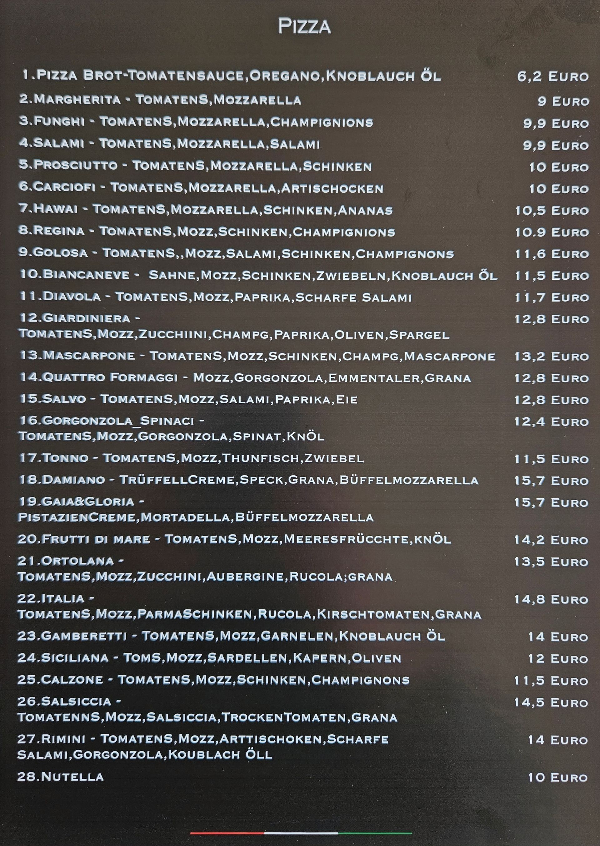 Speisekarte des Ristorante Pizzeria Pension Damiano