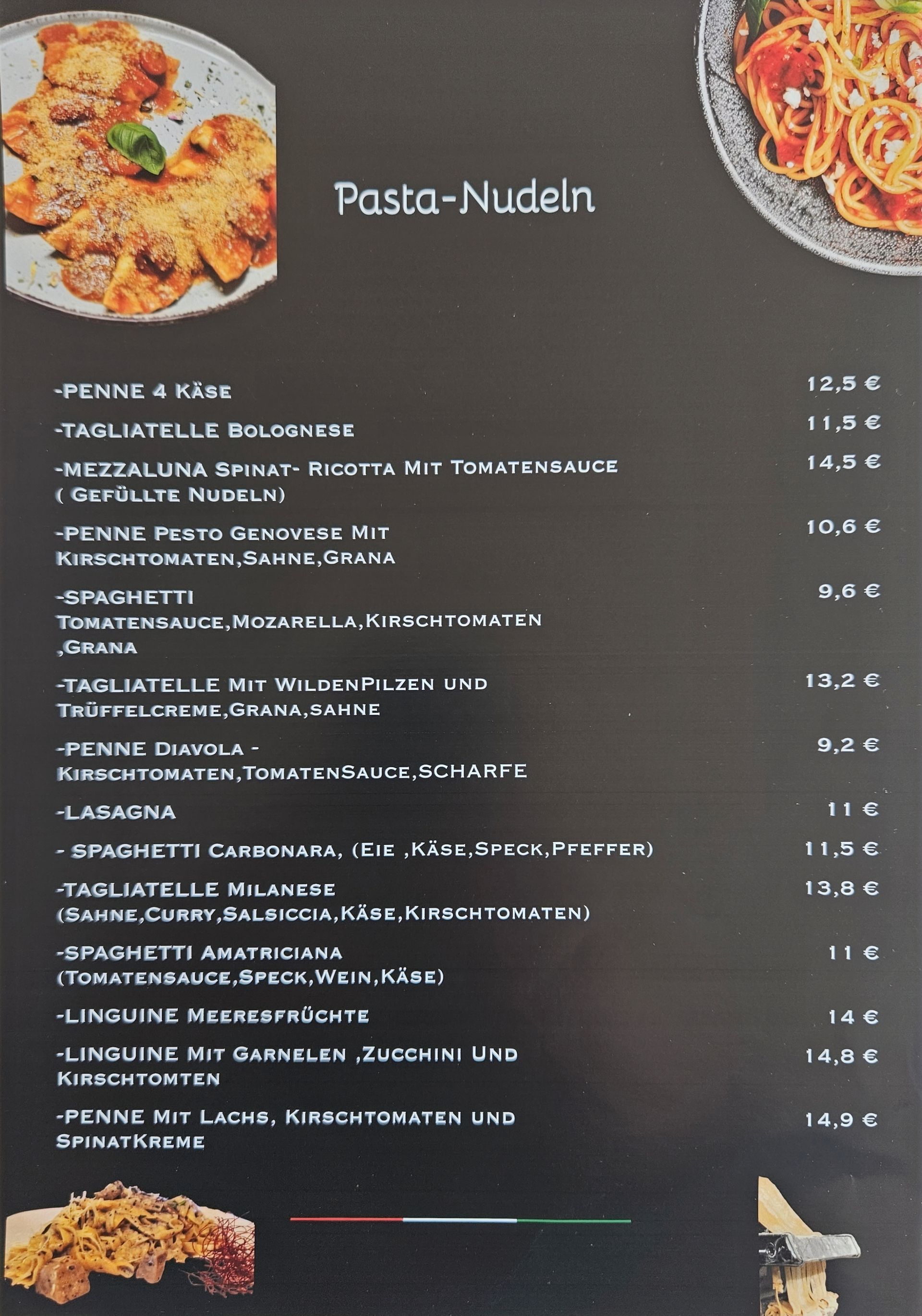 Speisekarte des Ristorante Pizzeria Pension Damiano