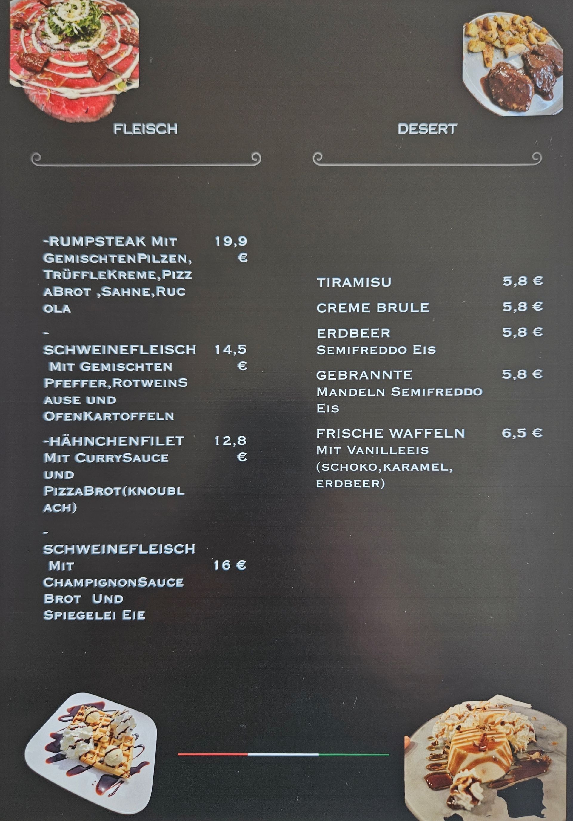 Speisekarte des Ristorante Pizzeria Pension Damiano