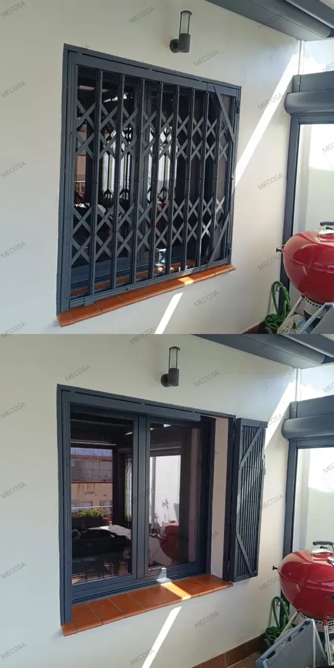 Una imagen de una ventana con una reja de metal.