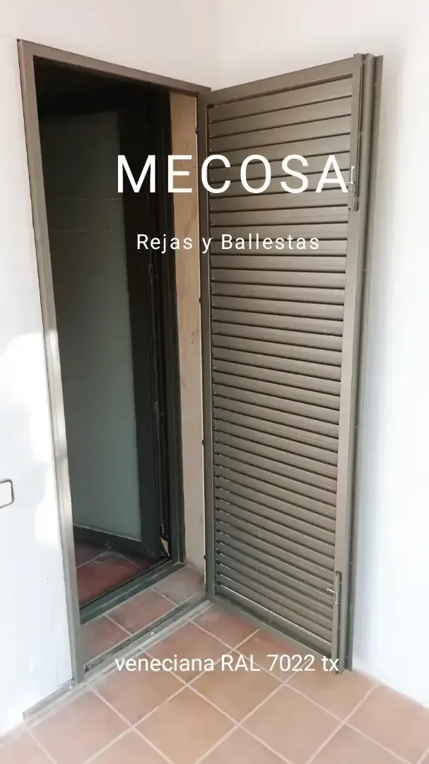 Una puerta con persianas está abierta en una habitación.