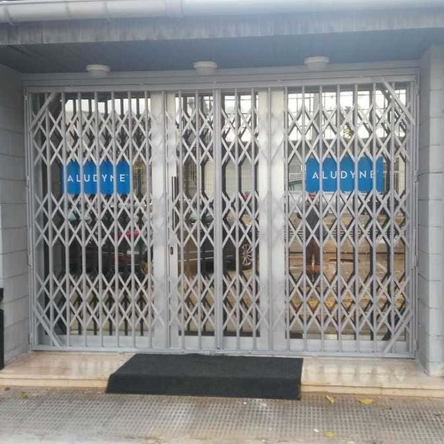 Una puerta de metal con la palabra aludyne en ella