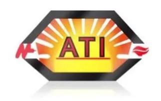 Logo d'ATI, avec le texte « ATI » à l'intérieur d'un hexagone orné de rayons de soleil et de deux flammes stylisées.