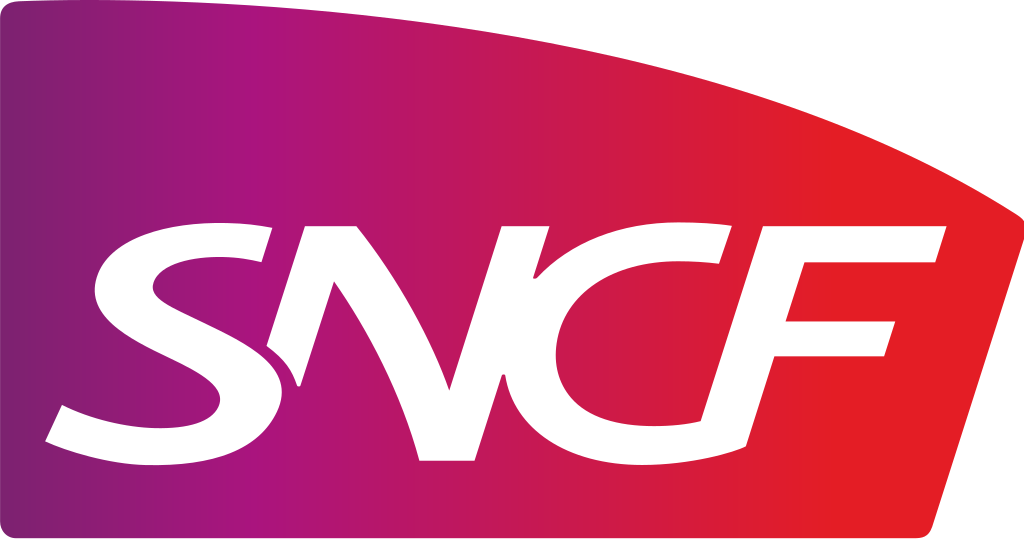 Logo de la SNCF : lettres blanches sur fond dégradé violet-rouge, représentant la compagnie ferroviaire nationale française.