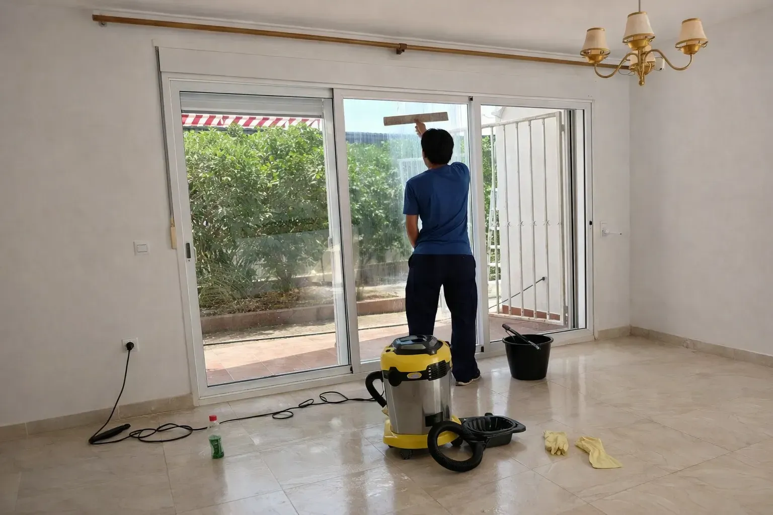 Una persona con una camisa azul limpia una gran puerta corrediza de vidrio con una escobilla de goma