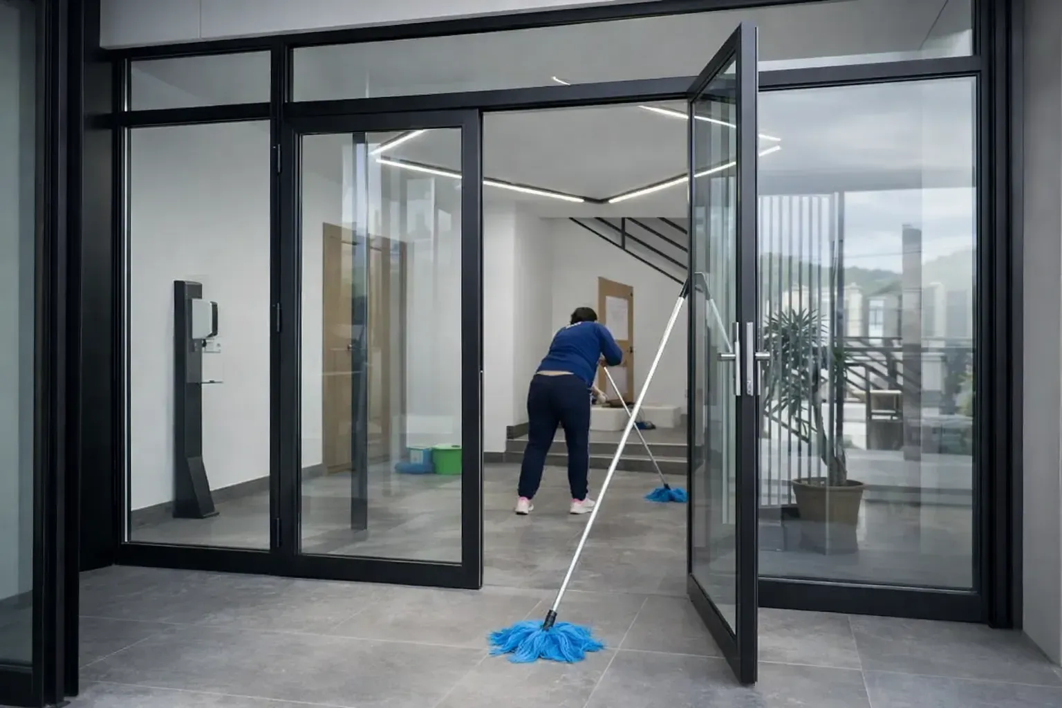 Una persona friega el suelo de la entrada de un edificio con puertas de cristal enmarcadas en madera clara.