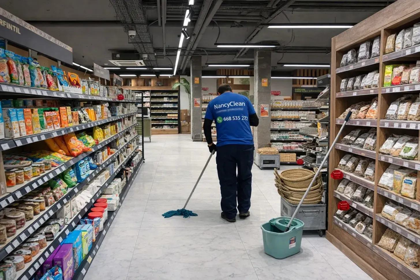 Una persona con una camisa azul friega el suelo en el pasillo de un supermercado, entre las estanterías 