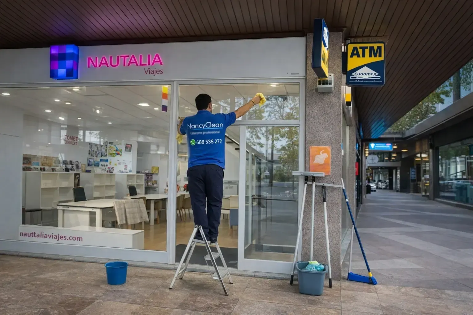 Una persona vestida con un traje oscuro utiliza una aspiradora industrial para limpiar una oficina con sillas amarillas