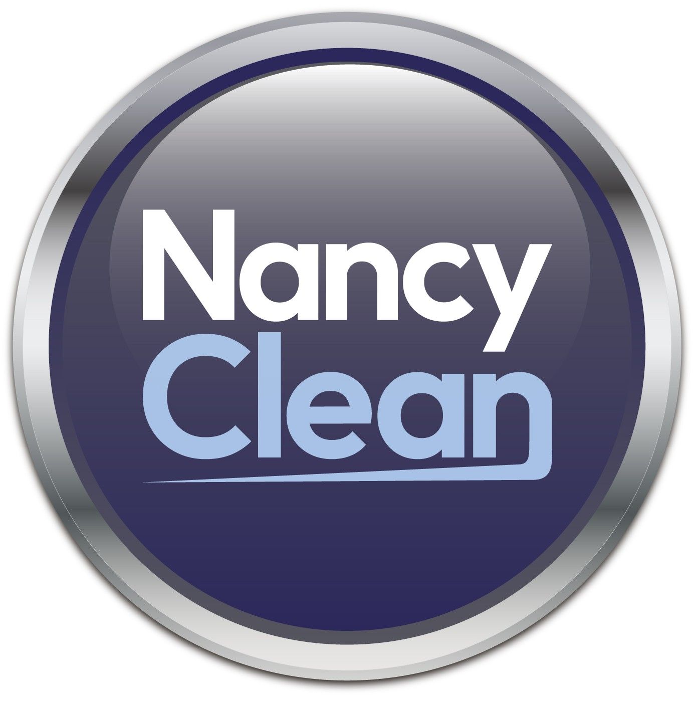 Un bot&oacute;n met&aacute;lico circular con el texto "Nancy Clean" en blanco y azul claro sobre un fondo azul oscuro.