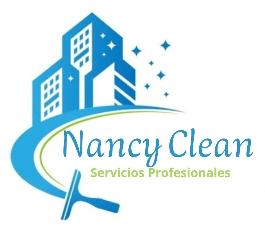 Logotipo para Nancy Clean: edificios, s&iacute;mbolo azul, limpiacristales, brillos, texto.