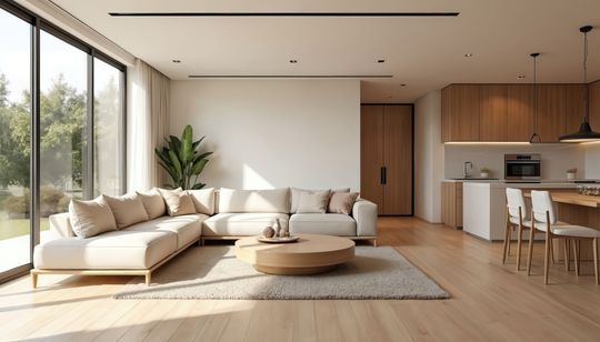 Salon moderne et lumineux avec canapé d’angle beige, parquet, cuisine et grandes fenêtres baignées de soleil.