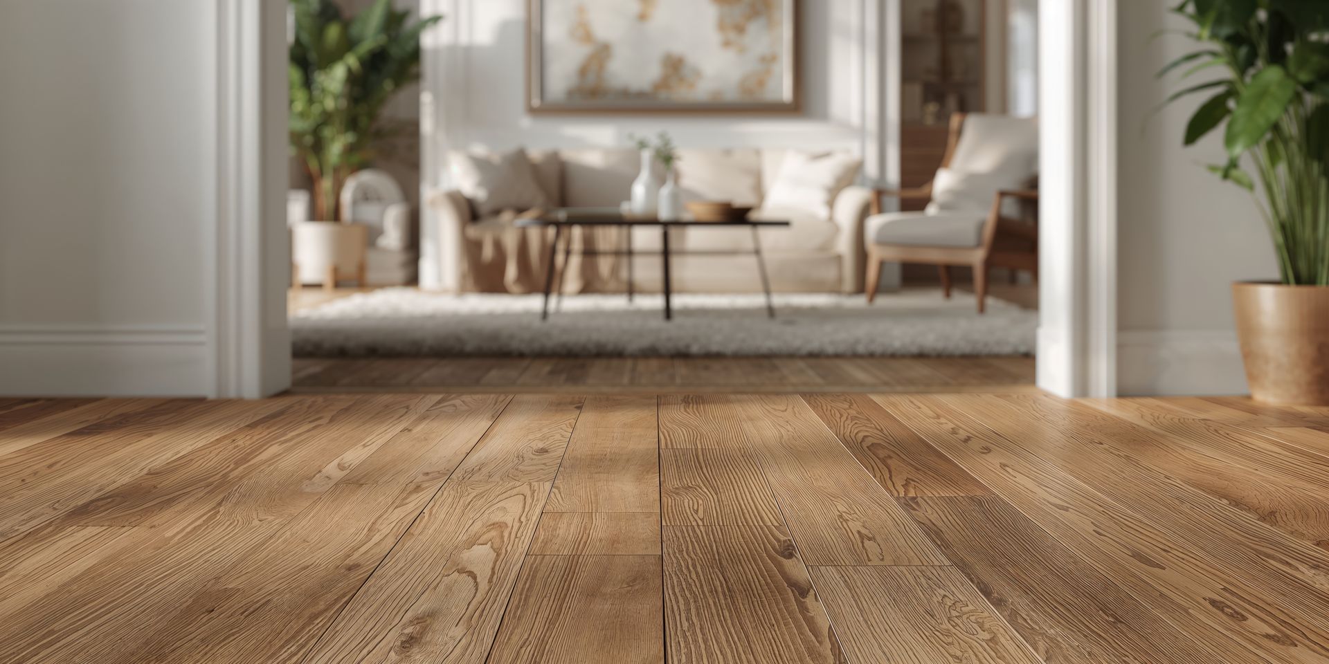 Ouverture sur un parquet donnant sur un salon lumineux aux tons beiges, avec des fauteuils, un canapé et des plantes.